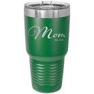 Personalized green 30 oz vacuum insulated tumbler with 'Mom Est' design