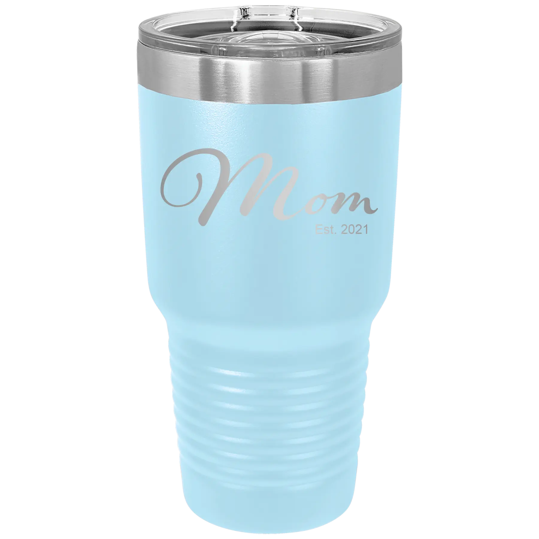 Personalized light blue 30 oz vacuum insulated tumbler with 'Mom Est' design