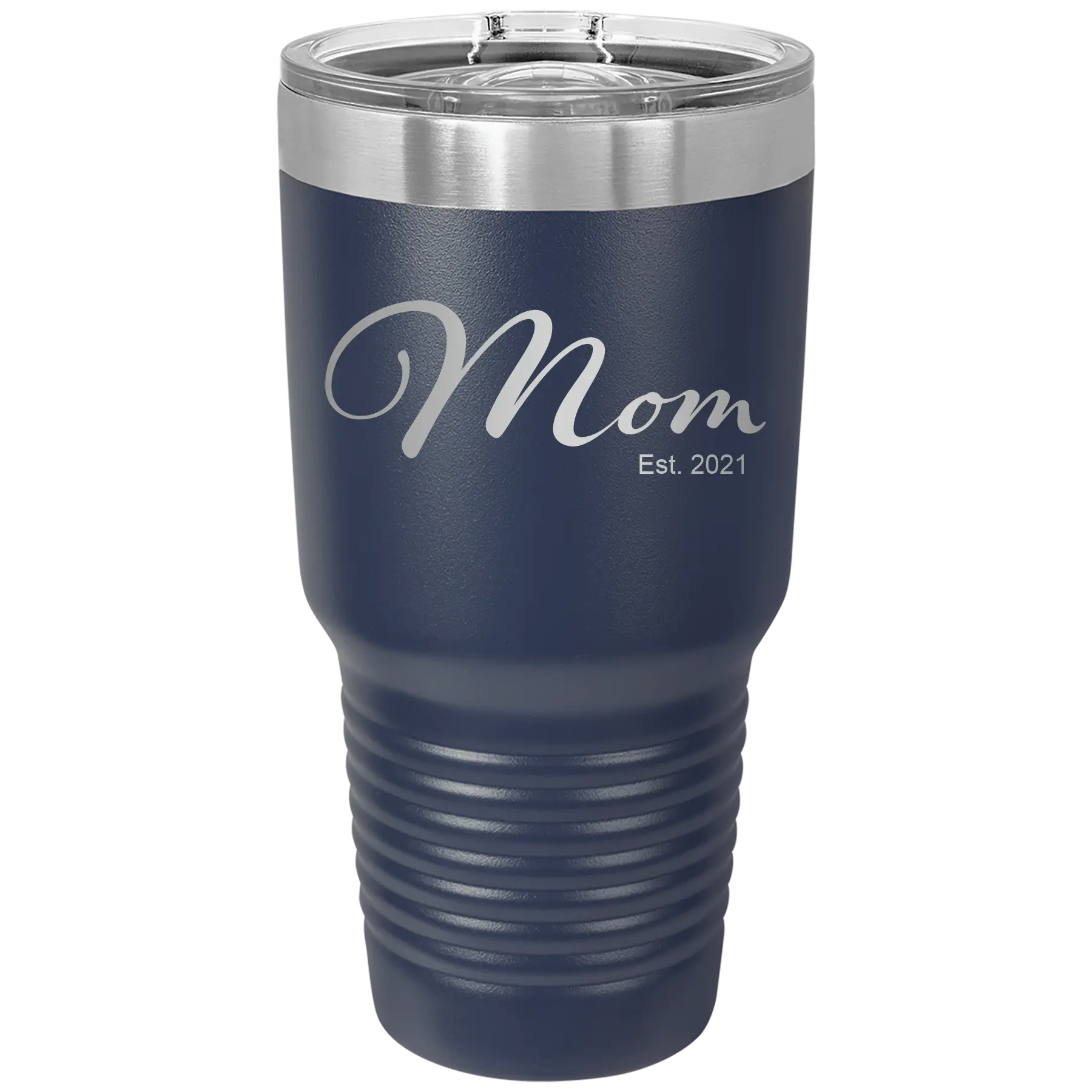 Personalized navy 30 oz vacuum insulated tumbler with 'Mom Est' design