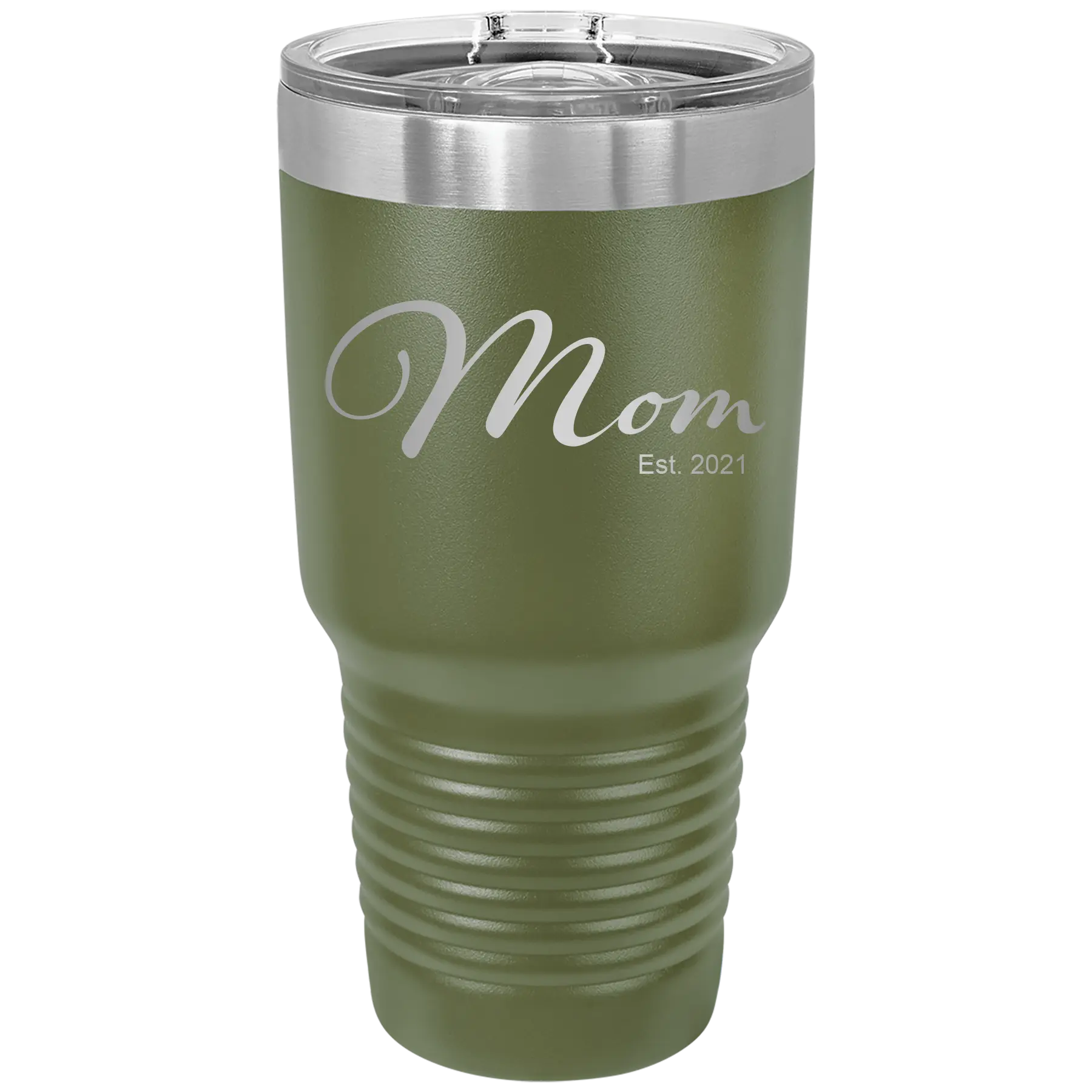 Personalized olive green 30 oz vacuum insulated tumbler with 'Mom Est' design