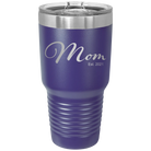 Personalized purple 30 oz vacuum insulated tumbler with 'Mom Est' design
