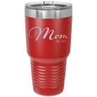 Personalized red 30 oz vacuum insulated tumbler with 'Mom Est' design