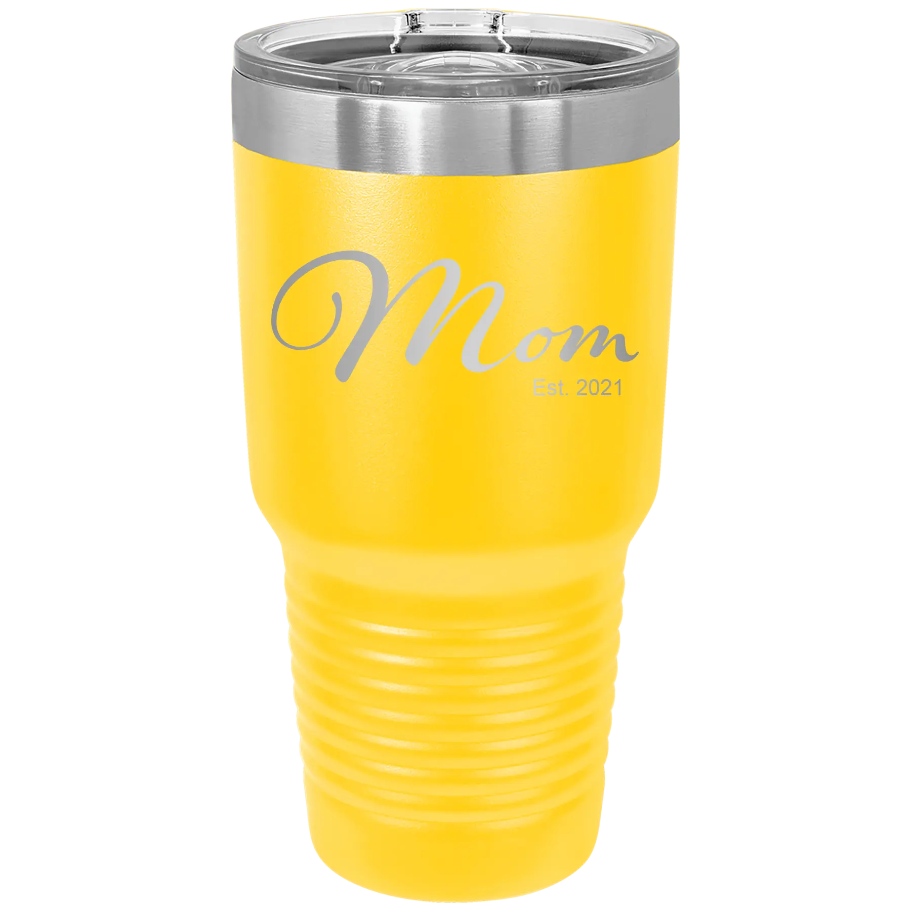 Personalized yellow 30 oz vacuum insulated tumbler with 'Mom Est' design