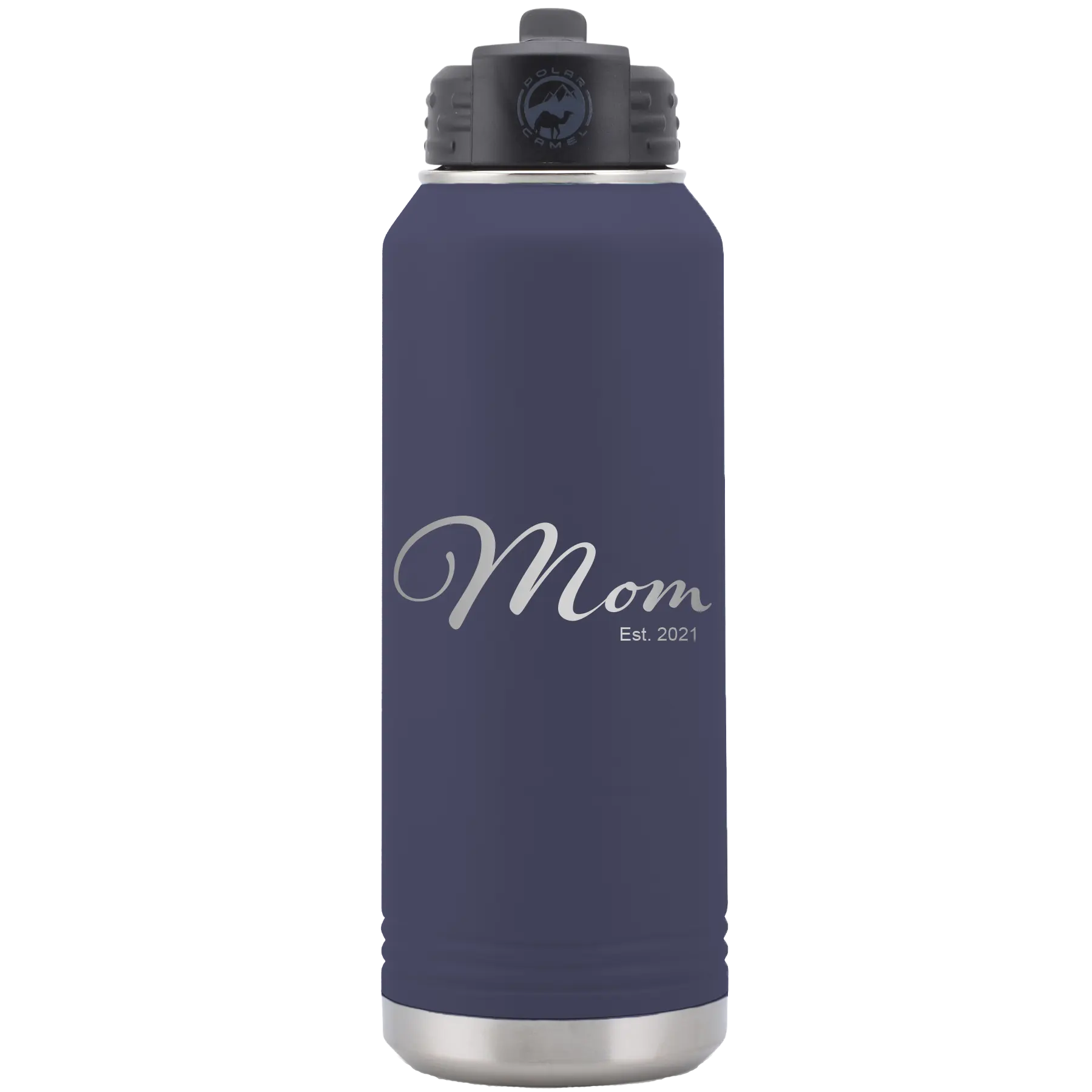 Personalized navy 32 oz vacuum insulated water bottle with 'Mom Est' design
