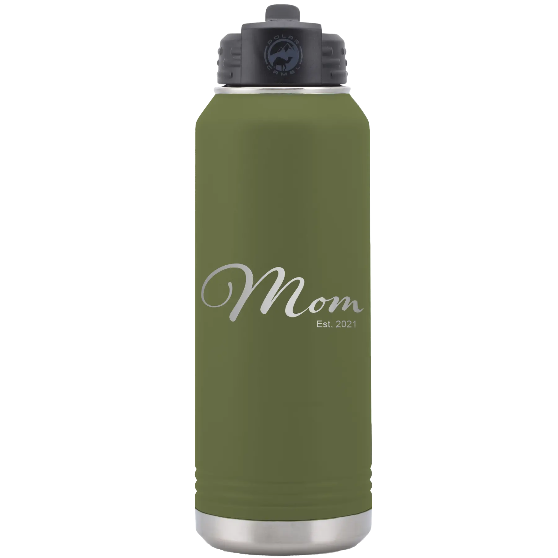 Personalized olive green 32 oz vacuum insulated water bottle with 'Mom Est' design
