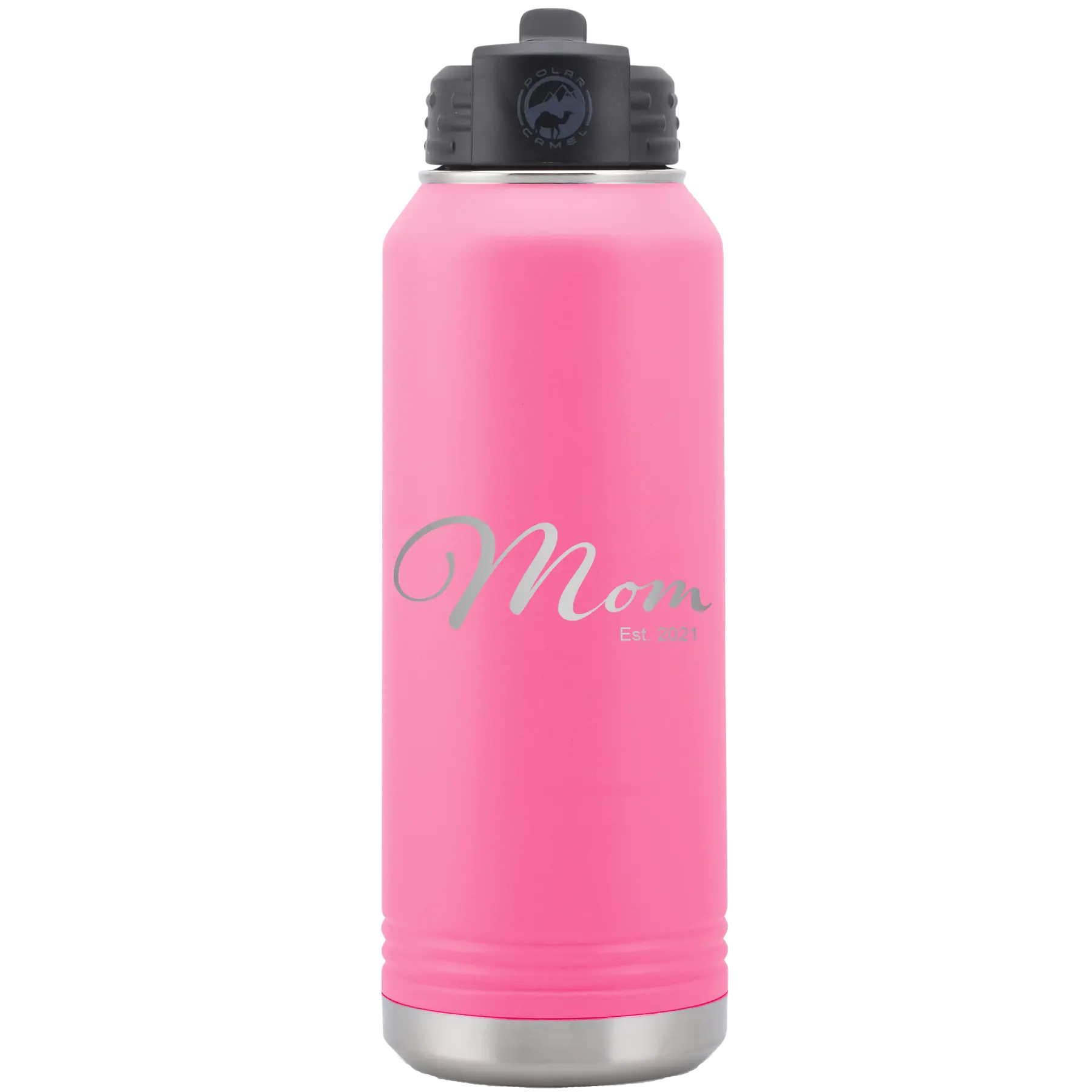 Personalized pink 32 oz vacuum insulated water bottle with 'Mom Est' design