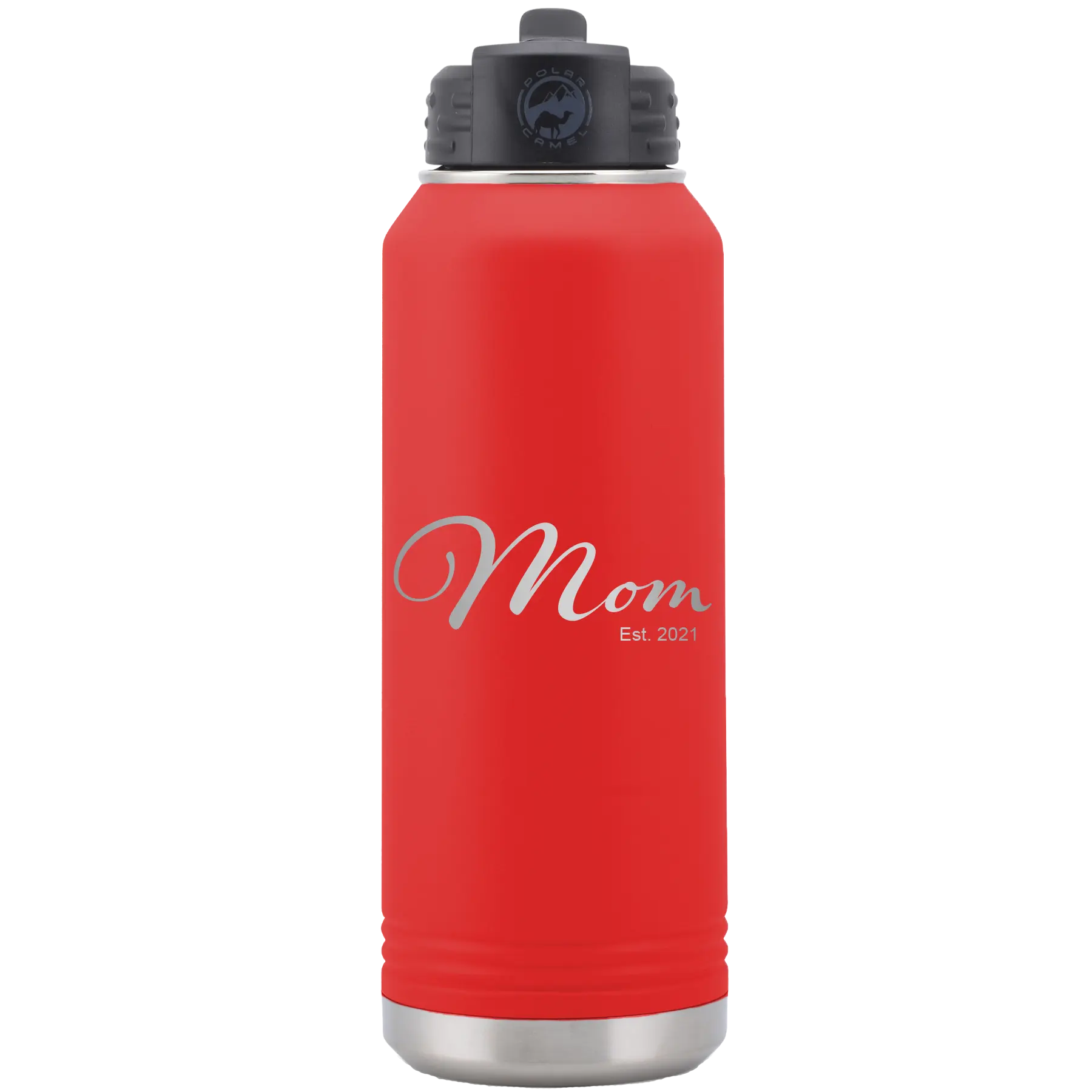 Personalized red 32 oz vacuum insulated water bottle with 'Mom Est' design
