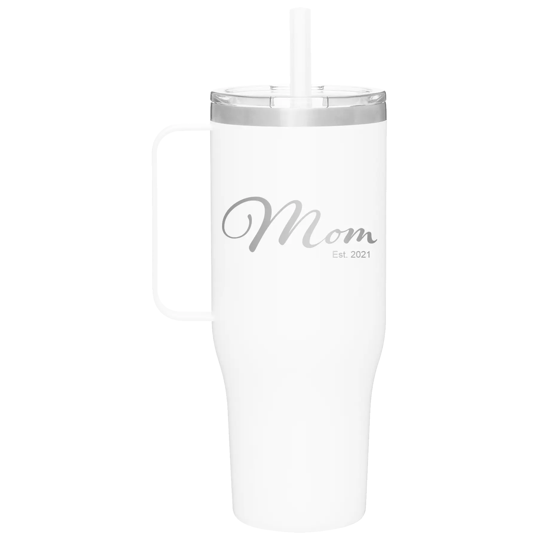 Personalized white 40 oz vacuum insulated tumbler mug with 'Mom Est' design