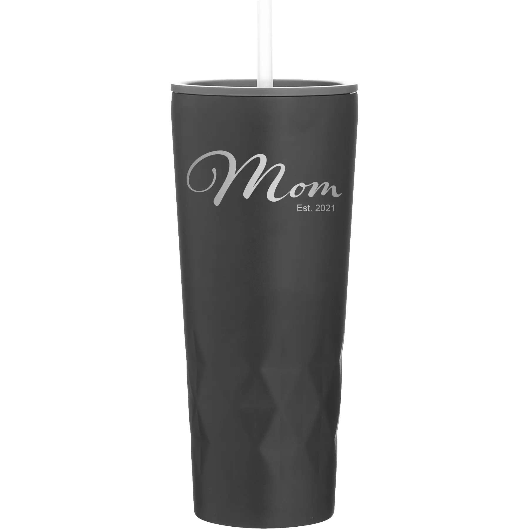 Personalized black 20 oz vacuum insulated tumbler with 'Mom Est' design