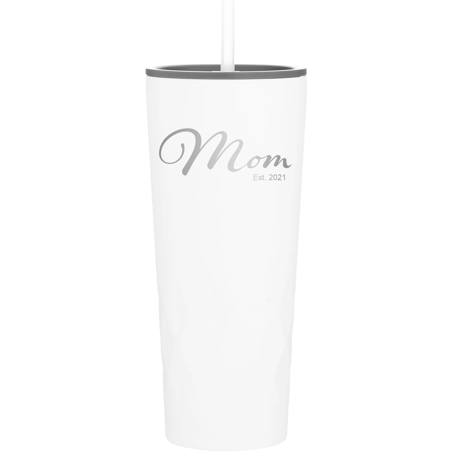 Personalized white 20 oz vacuum insulated tumbler with 'Mom Est' design