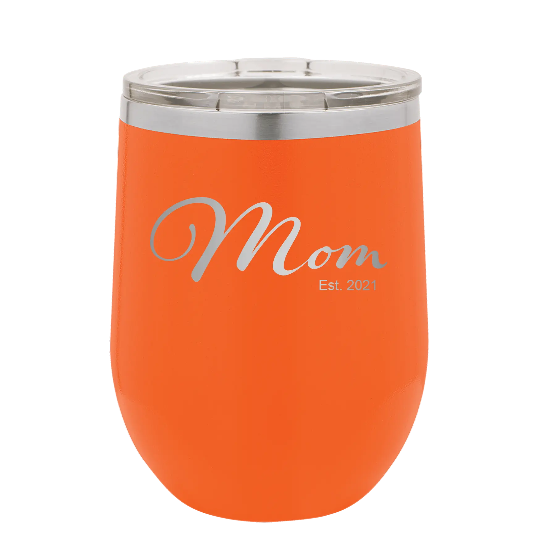 Personalized orange 12 oz vacuum insulated wine cup with 'Mom Est' design