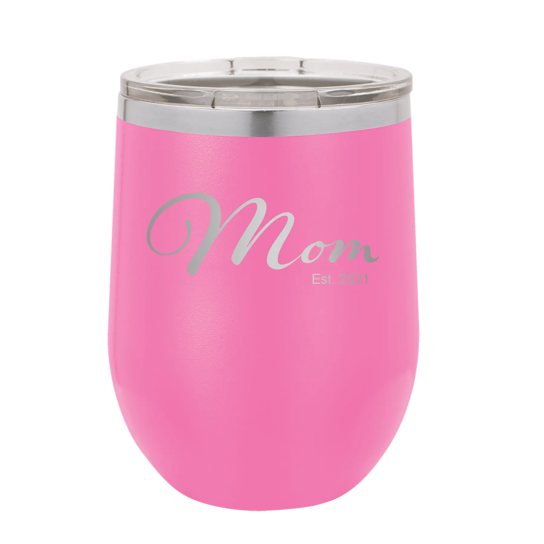 Personalized pink 12 oz vacuum insulated wine cup with 'Mom Est' design