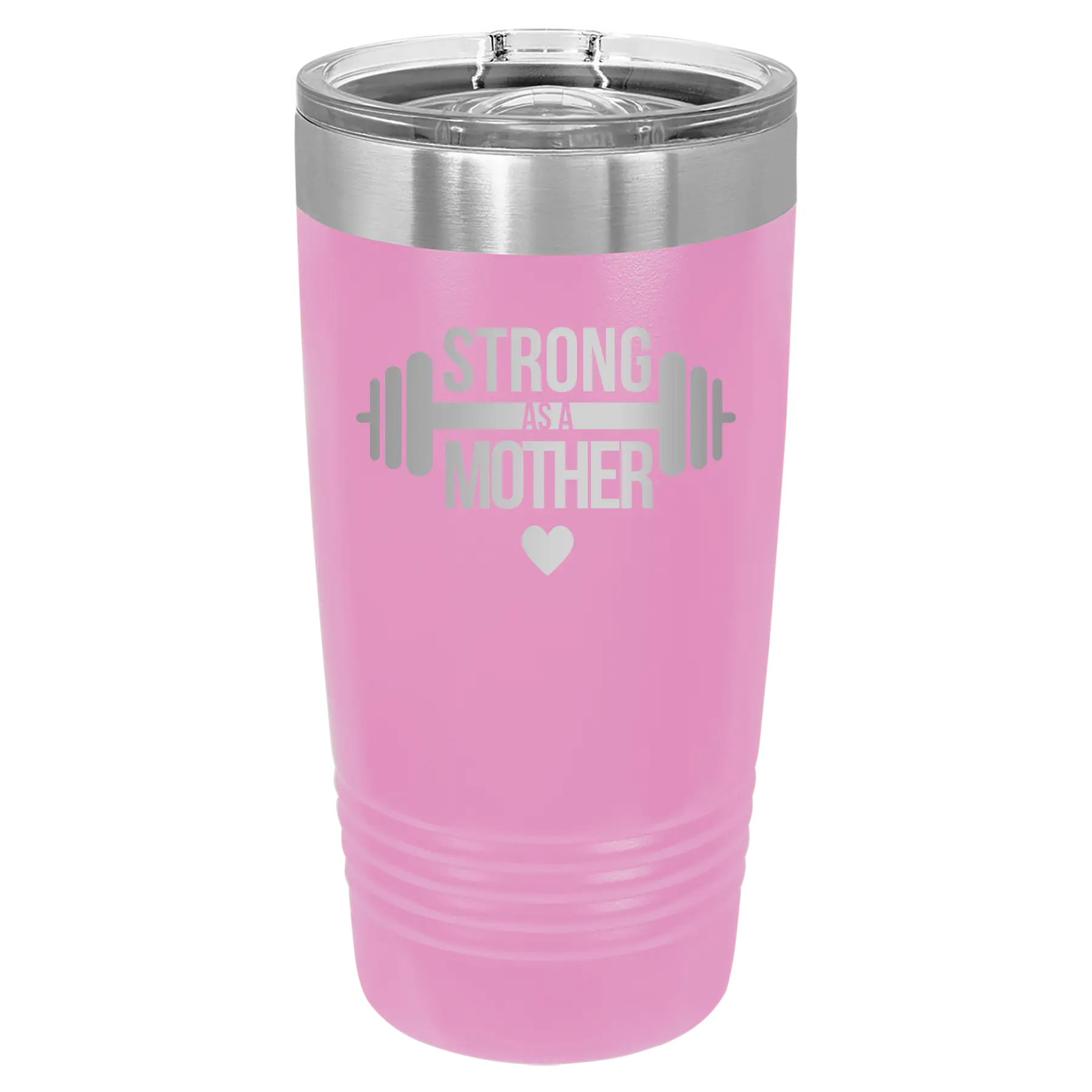 Laser etched light purple 20 oz vacuum insulated tumbler with 'Strong as a Mother' design