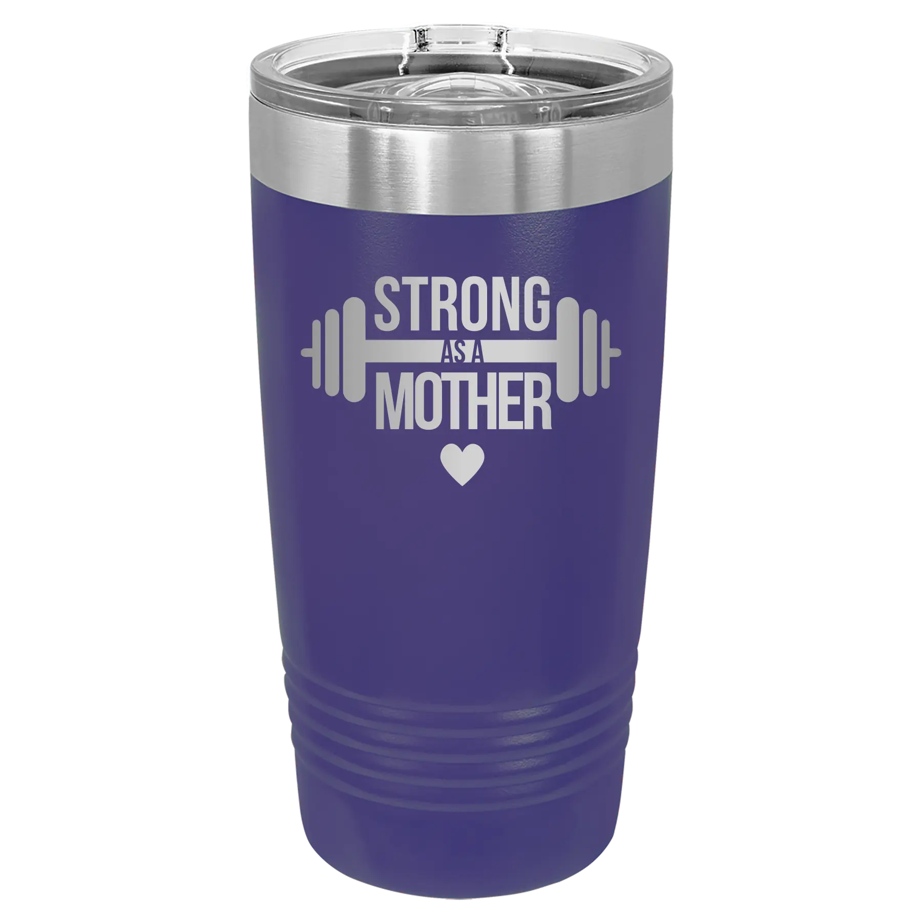 Laser etched purple 20 oz vacuum insulated tumbler with 'Strong as a Mother' design