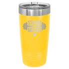 Laser etched yellow 20 oz vacuum insulated tumbler with 'Strong as a Mother' design