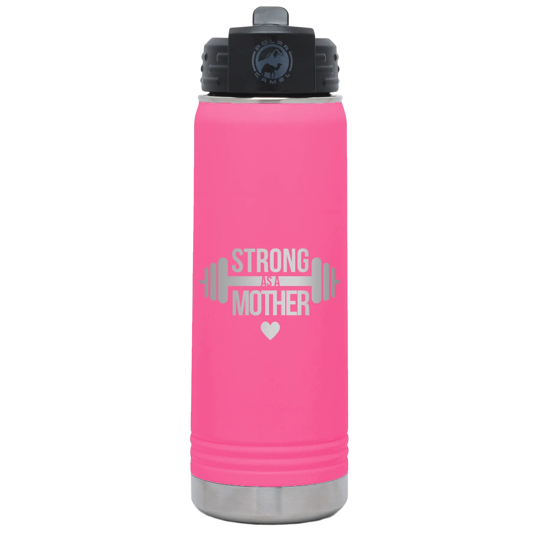 Laser etched pink 20 oz vacuum insulated water bottle with 'Strong as a Mother' design