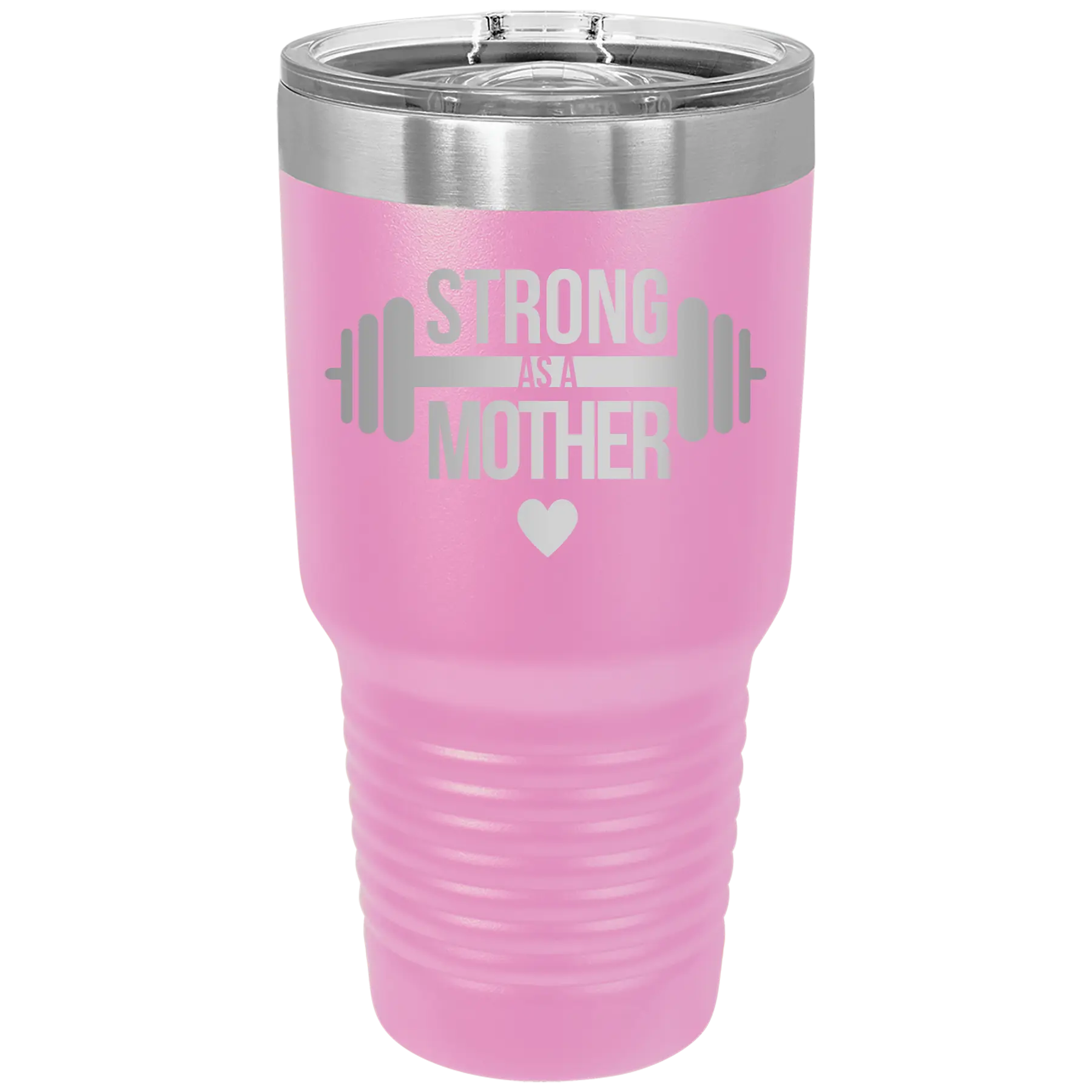 Laser etched light purple 30 oz vacuum insulated tumbler with 'Strong as a Mother' design