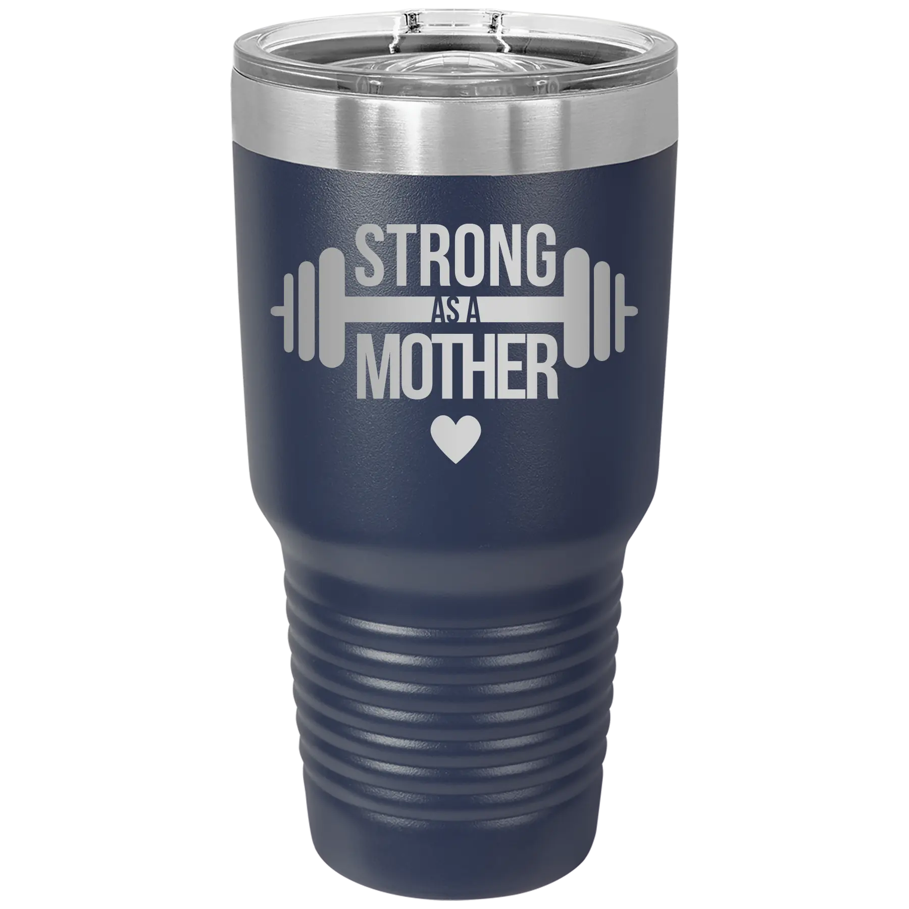 Laser etched navy 30 oz vacuum insulated tumbler with 'Strong as a Mother' design