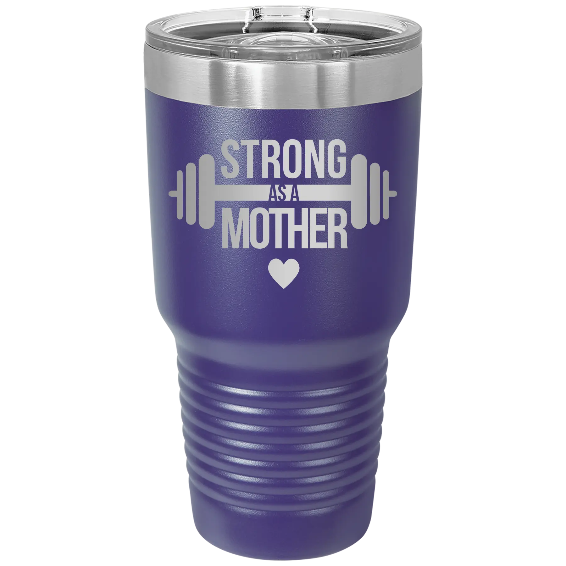 Laser etched purple 30 oz vacuum insulated tumbler with 'Strong as a Mother' design