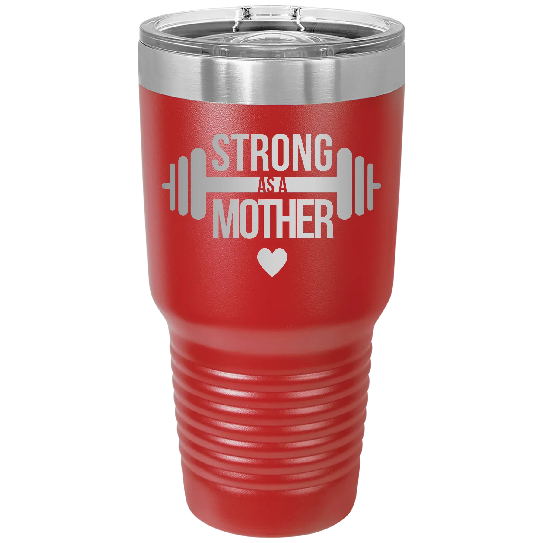 Laser etched red 30 oz vacuum insulated tumbler with 'Strong as a Mother' design