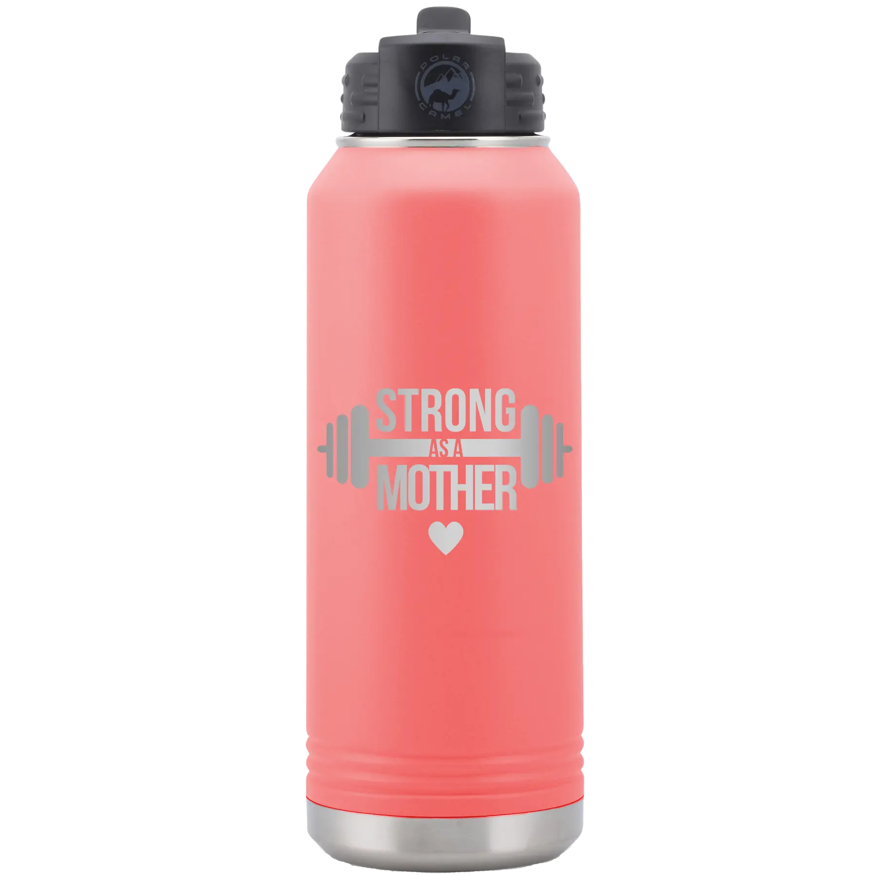 Laser etched coral 32 oz vacuum insulated water bottle with 'Strong as a Mother' design