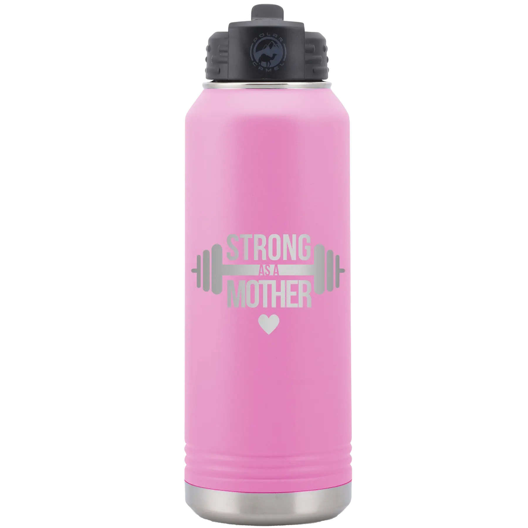 Laser etched light purple 32 oz vacuum insulated water bottle with 'Strong as a Mother' design