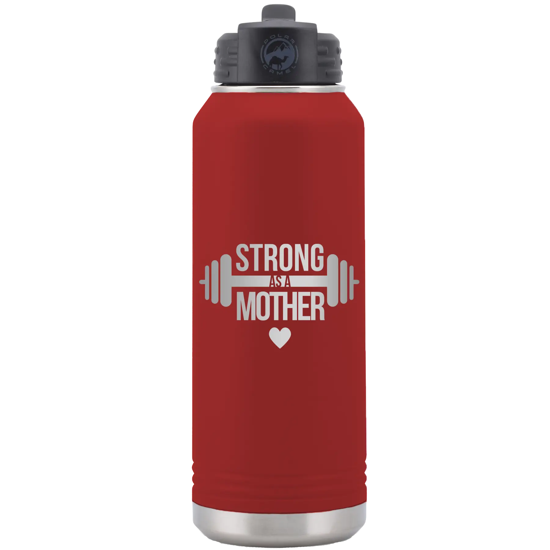 Laser etched maroon 32 oz vacuum insulated water bottle with 'Strong as a Mother' design