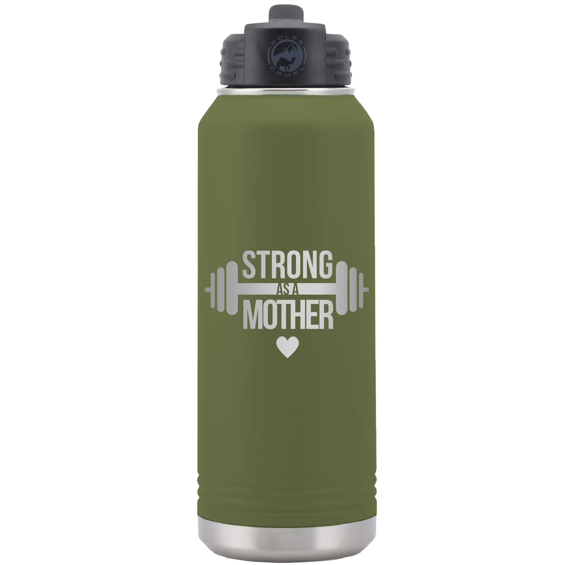 Laser etched olive green 32 oz vacuum insulated water bottle with 'Strong as a Mother' design