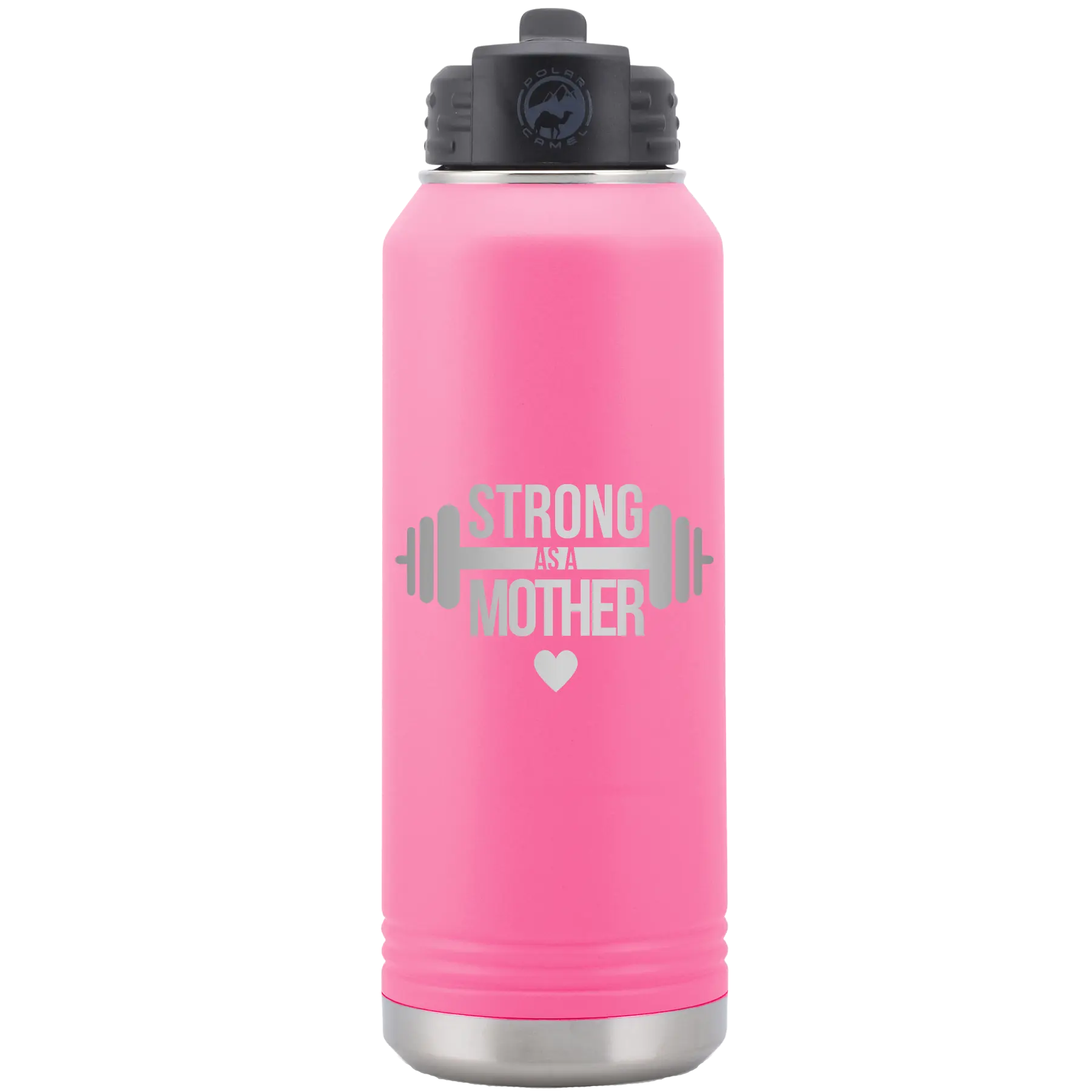 Laser etched pink 32 oz vacuum insulated water bottle with 'Strong as a Mother' design