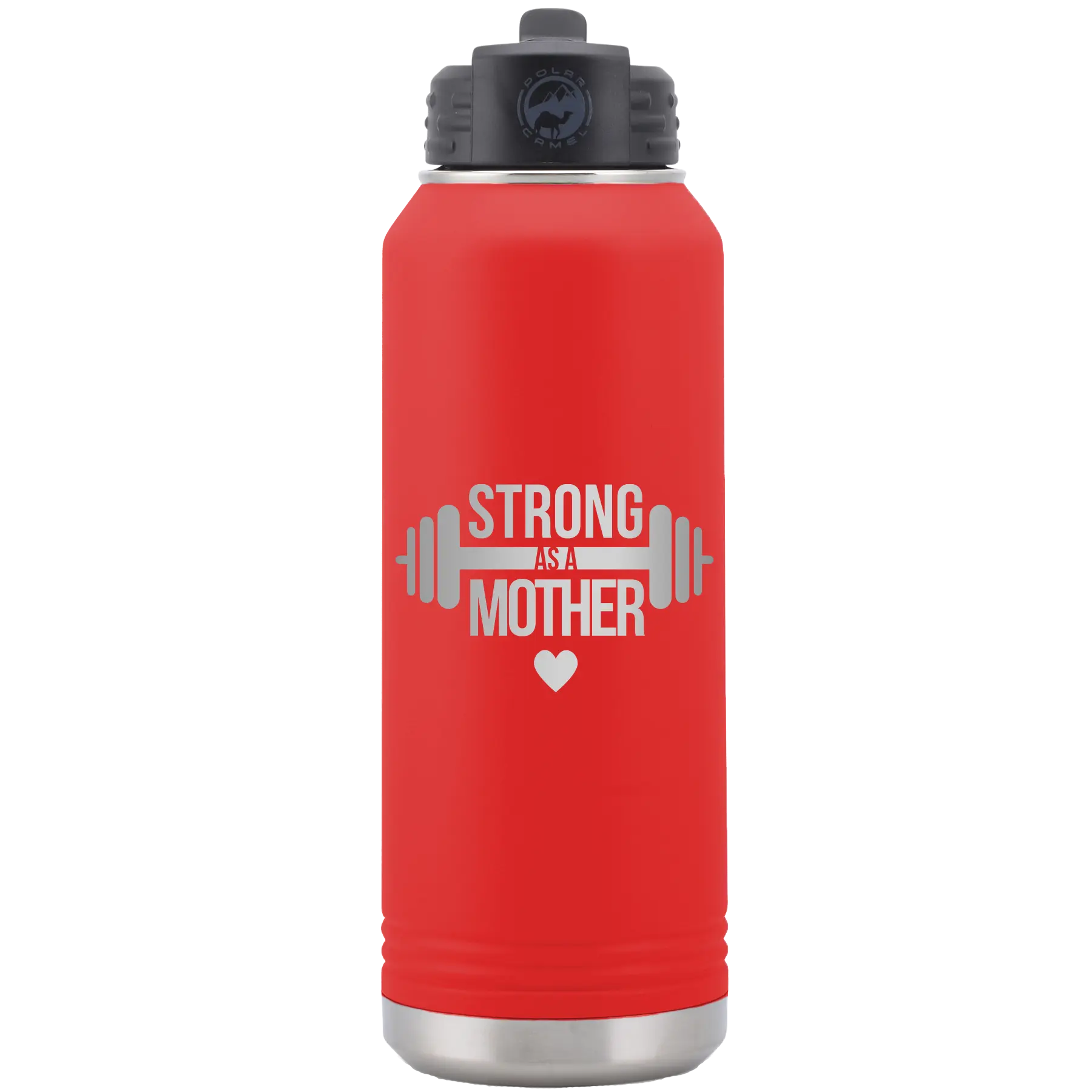 Laser etched red 32 oz vacuum insulated water bottle with 'Strong as a Mother' design