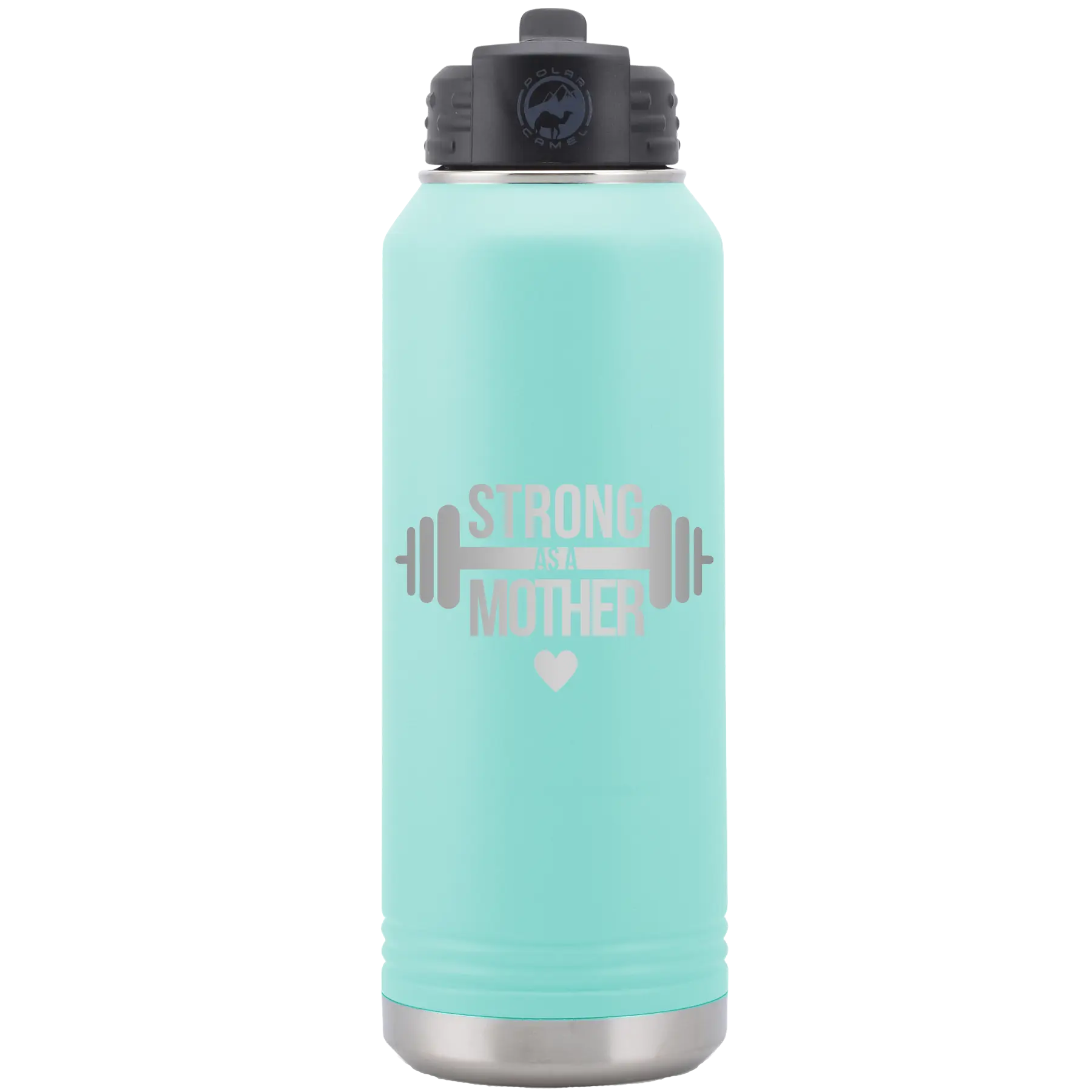 Laser etched teal 32 oz vacuum insulated water bottle with 'Strong as a Mother' design