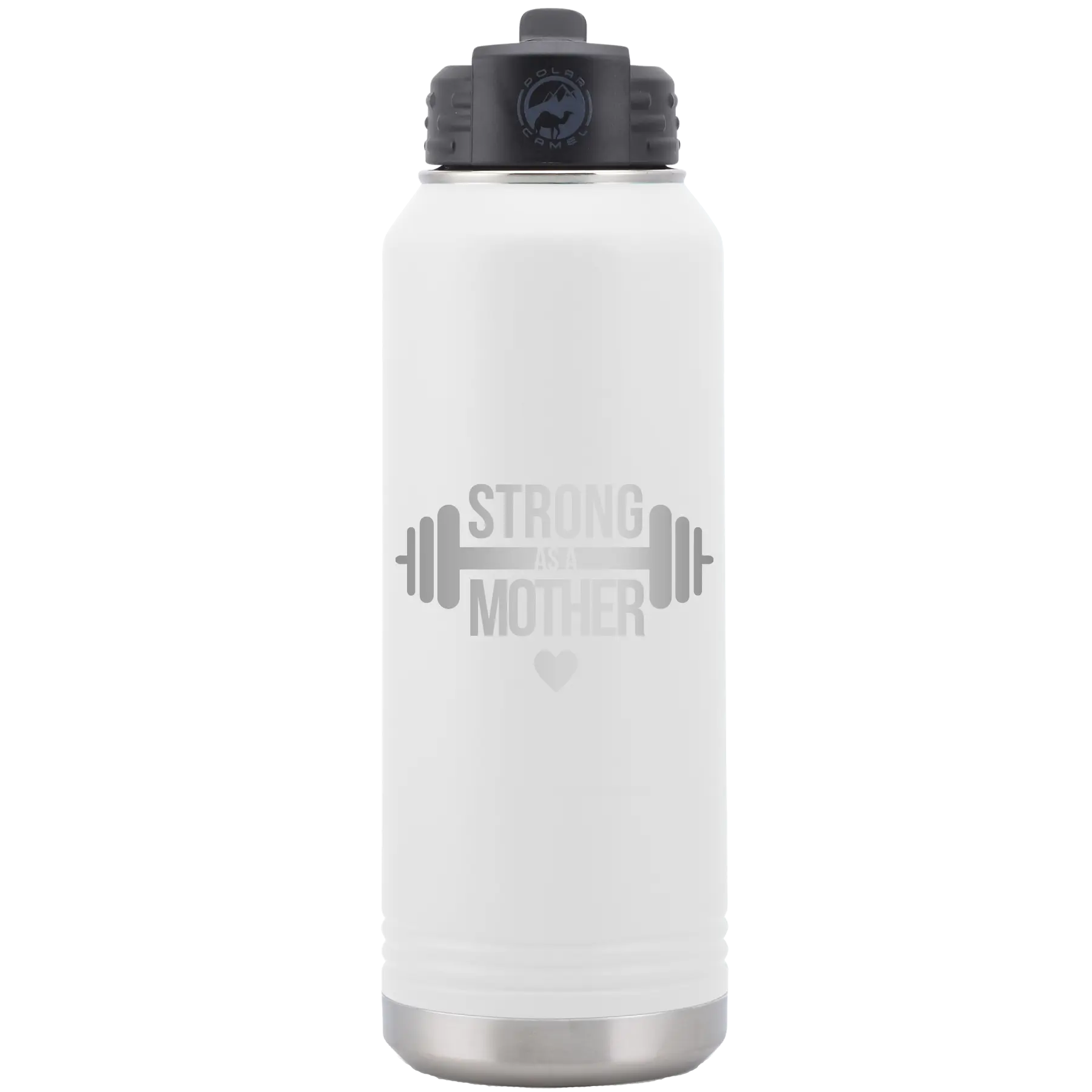 Laser etched white 32 oz vacuum insulated water bottle with 'Strong as a Mother' design
