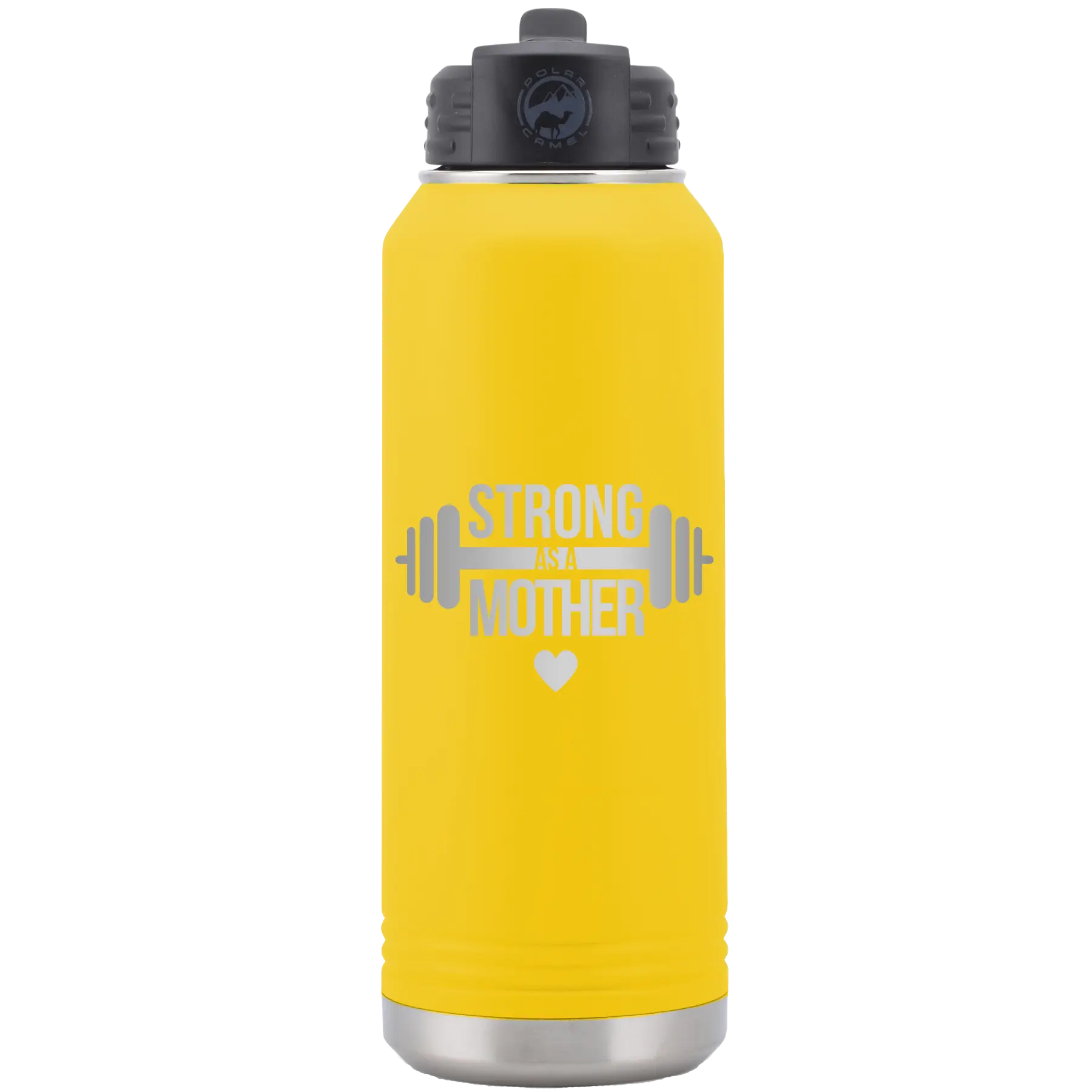 Laser etched yellow 32 oz vacuum insulated water bottle with 'Strong as a Mother' design