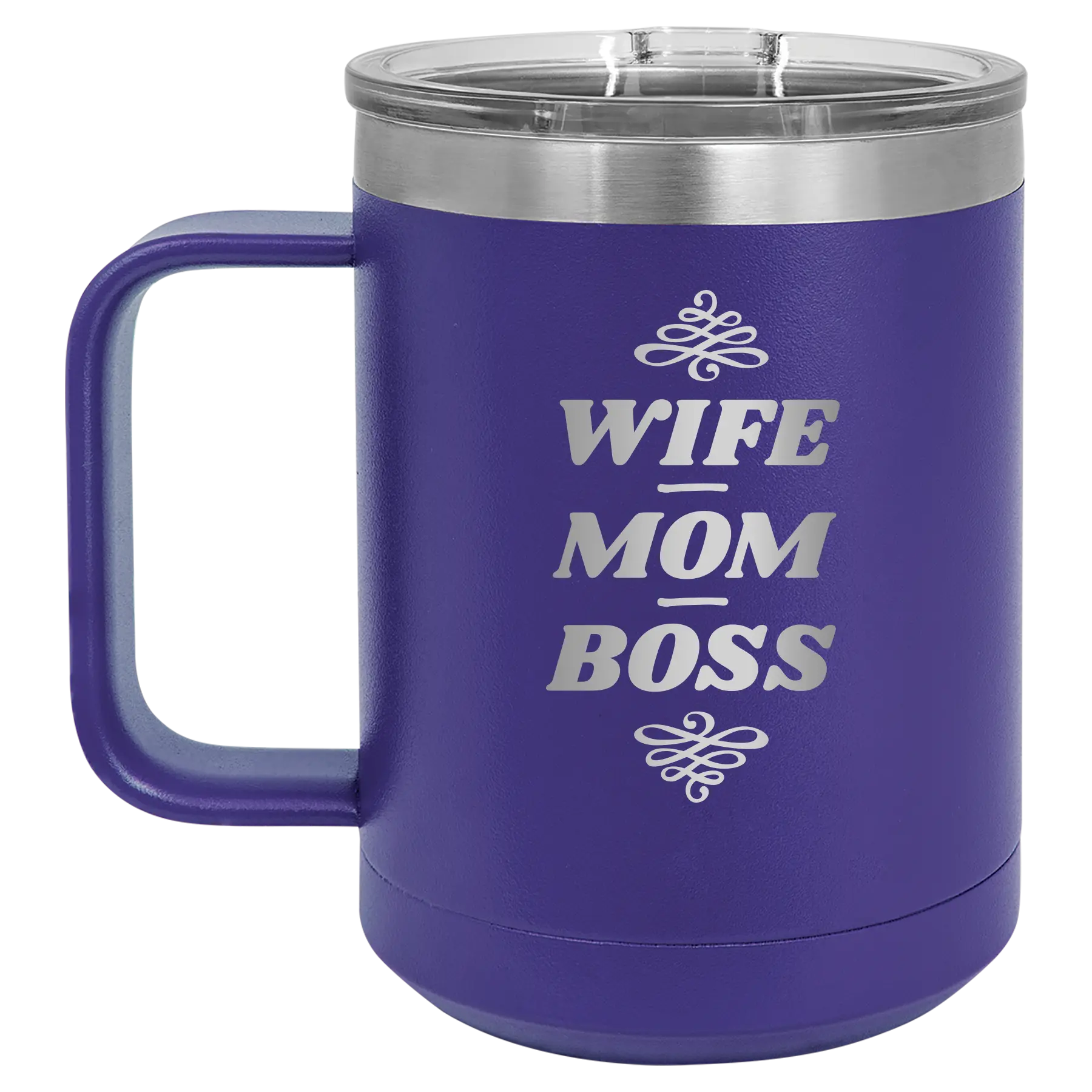 Laser etched purple 15 oz vacuum insulated coffee mug with 'Wife Mom Boss' design