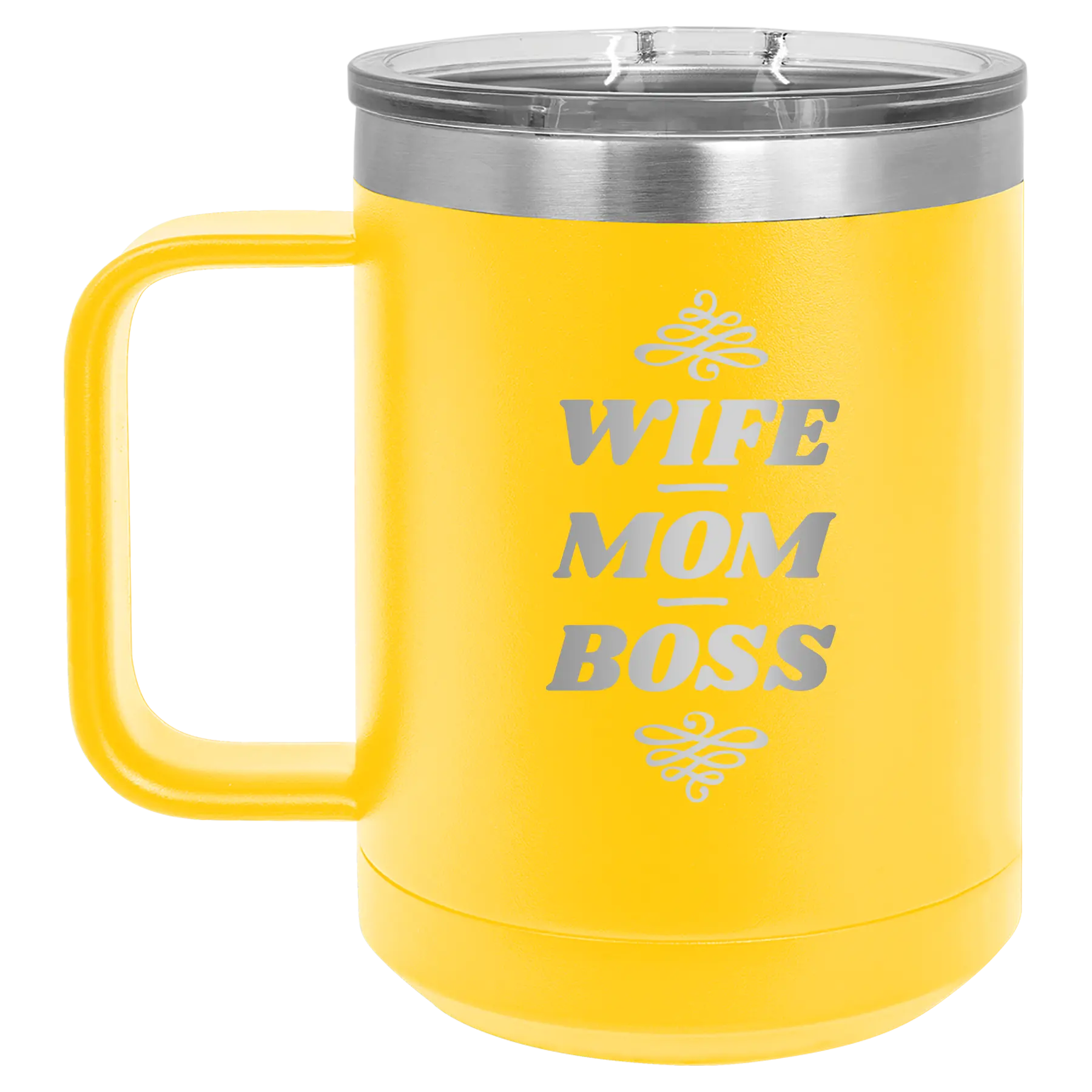 Laser etched yellow 15 oz vacuum insulated coffee mug with 'Wife Mom Boss' design