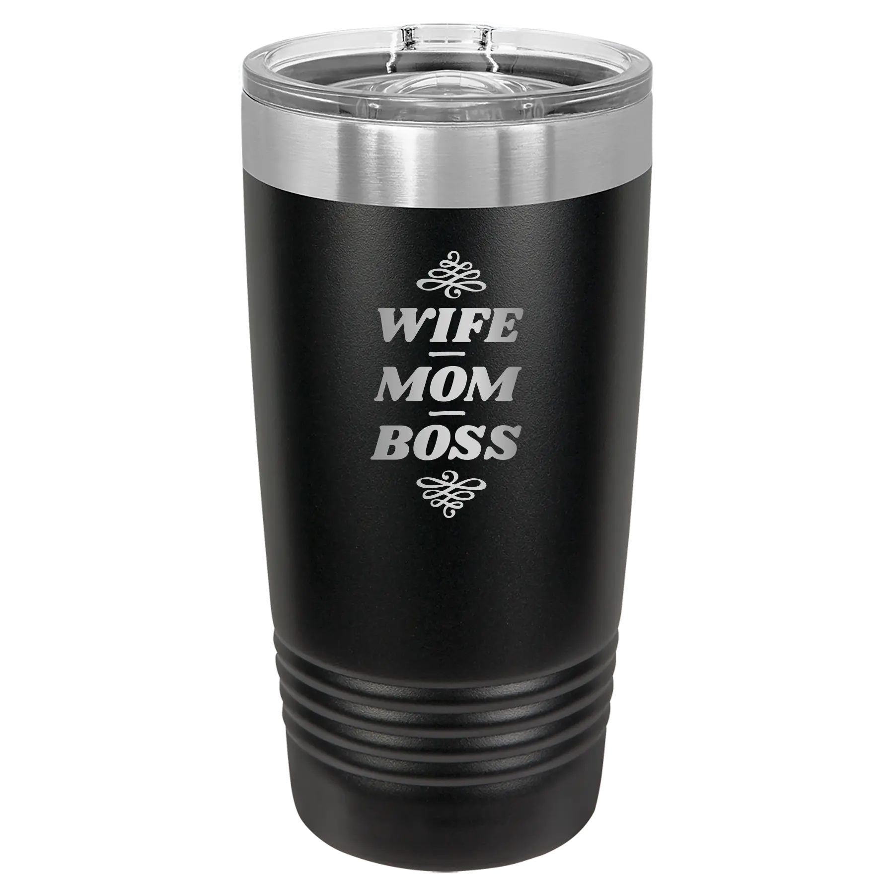Laser etched black 20 oz vacuum insulated tumbler with 'Wife Mom Boss' design
