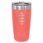 Laser etched coral 20 oz vacuum insulated tumbler with 'Wife Mom Boss' design