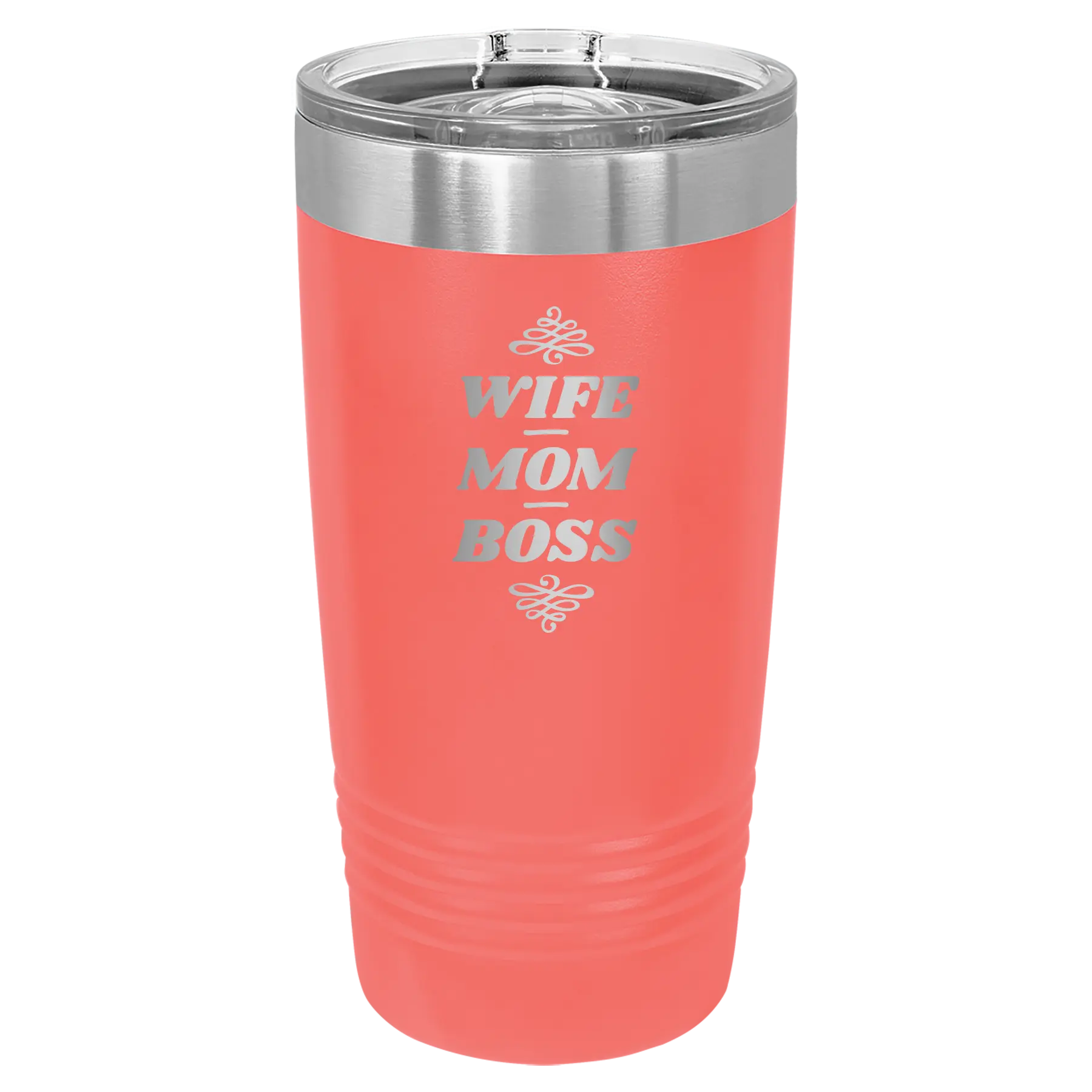 Laser etched coral 20 oz vacuum insulated tumbler with 'Wife Mom Boss' design