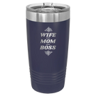 Laser etched navy 20 oz vacuum insulated tumbler with 'Wife Mom Boss' design