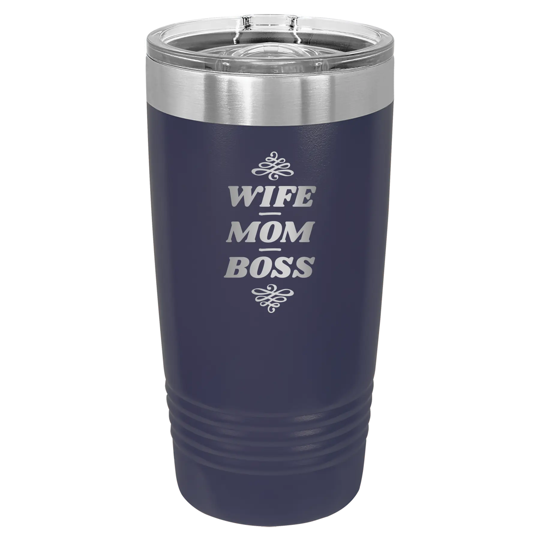Laser etched navy 20 oz vacuum insulated tumbler with 'Wife Mom Boss' design