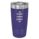 Laser etched purple 20 oz vacuum insulated tumbler with 'Wife Mom Boss' design
