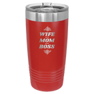 Laser etched red 20 oz vacuum insulated tumbler with 'Wife Mom Boss' design