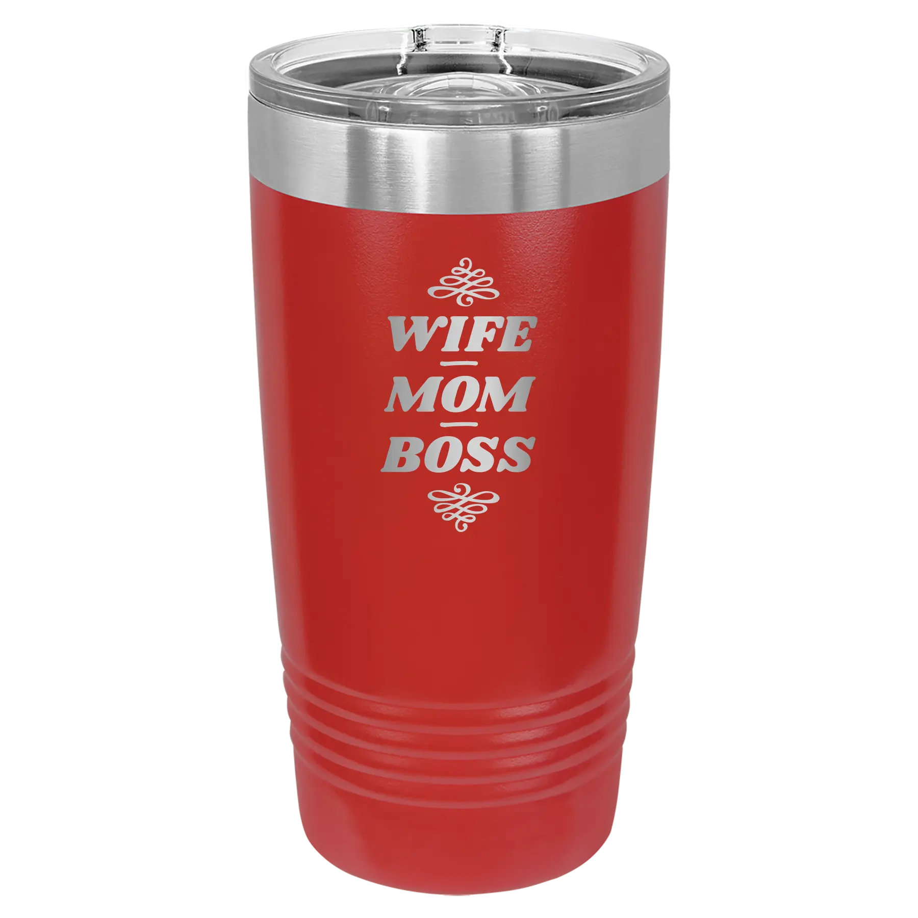 Laser etched red 20 oz vacuum insulated tumbler with 'Wife Mom Boss' design