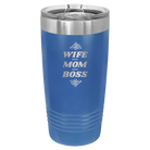 Laser etched royal blue 20 oz vacuum insulated tumbler with 'Wife Mom Boss' design