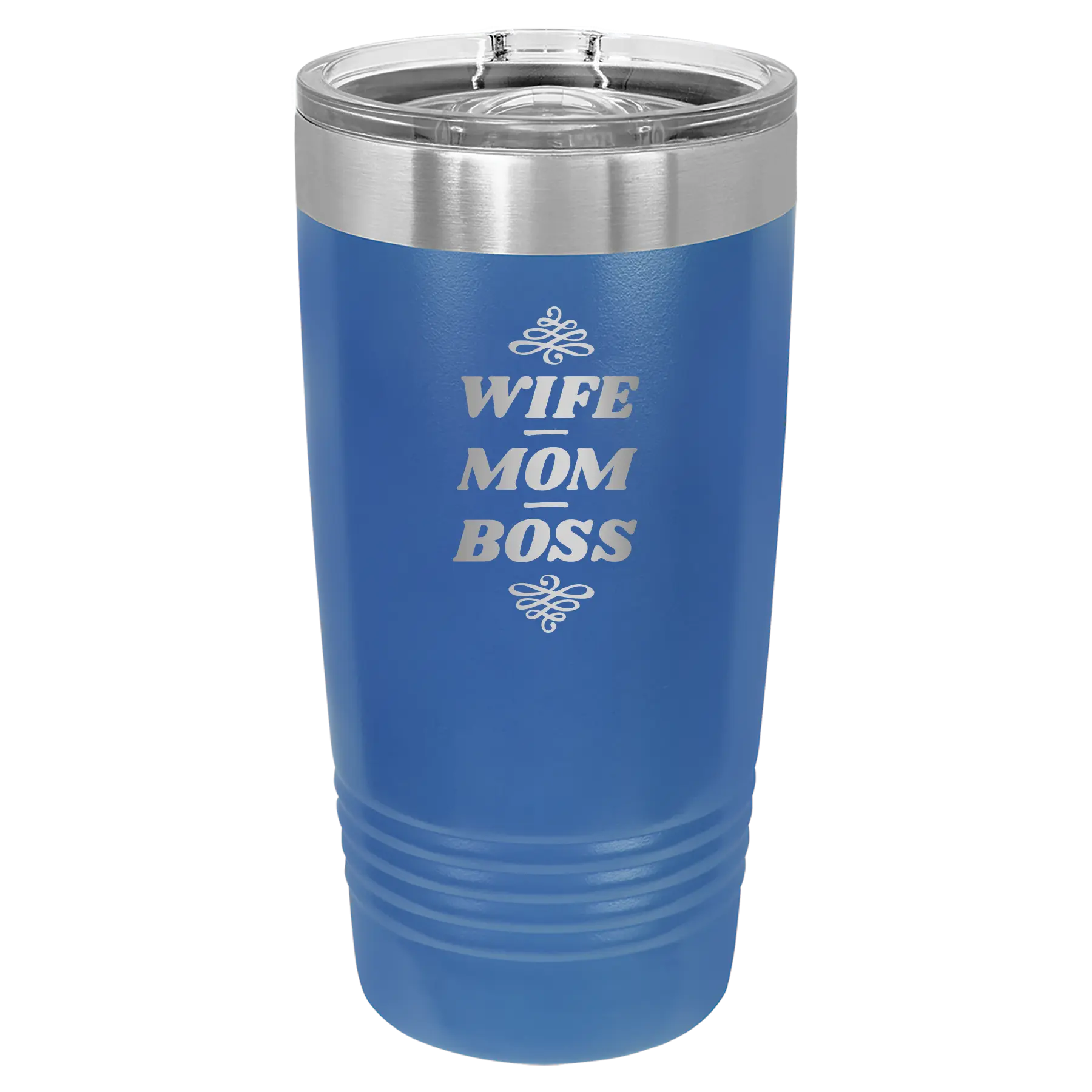Laser etched royal blue 20 oz vacuum insulated tumbler with 'Wife Mom Boss' design