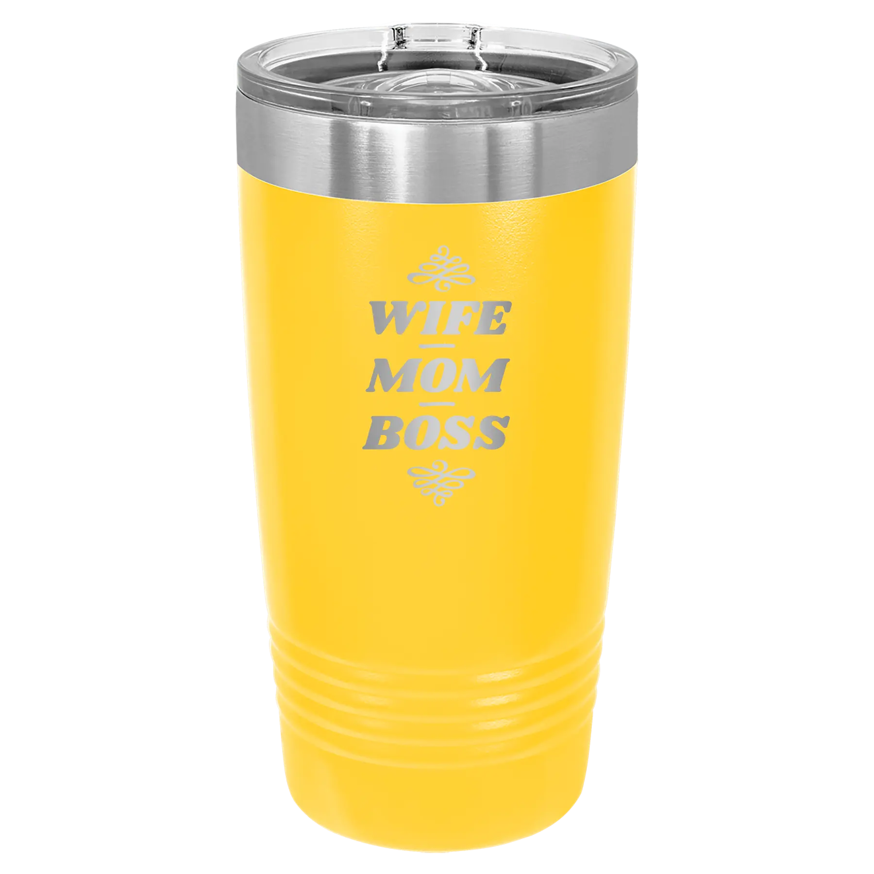 Laser etched yellow 20 oz vacuum insulated tumbler with 'Wife Mom Boss' design
