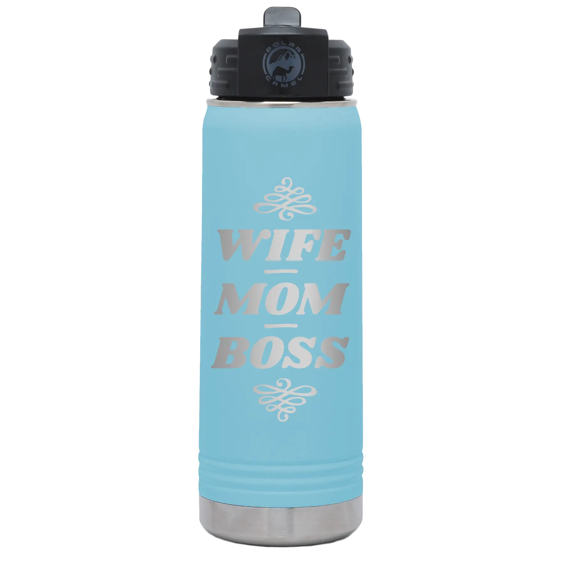 Laser etched light blue 20 oz vacuum insulated water bottle with 'Wife Mom Boss' design