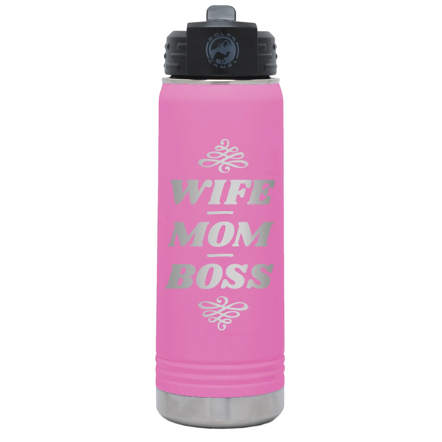 Laser etched light purple 20 oz vacuum insulated water bottle with 'Wife Mom Boss' design
