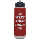 Laser etched maroon 20 oz vacuum insulated water bottle with 'Wife Mom Boss' design