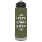 Laser etched olive green 20 oz vacuum insulated water bottle with 'Wife Mom Boss' design